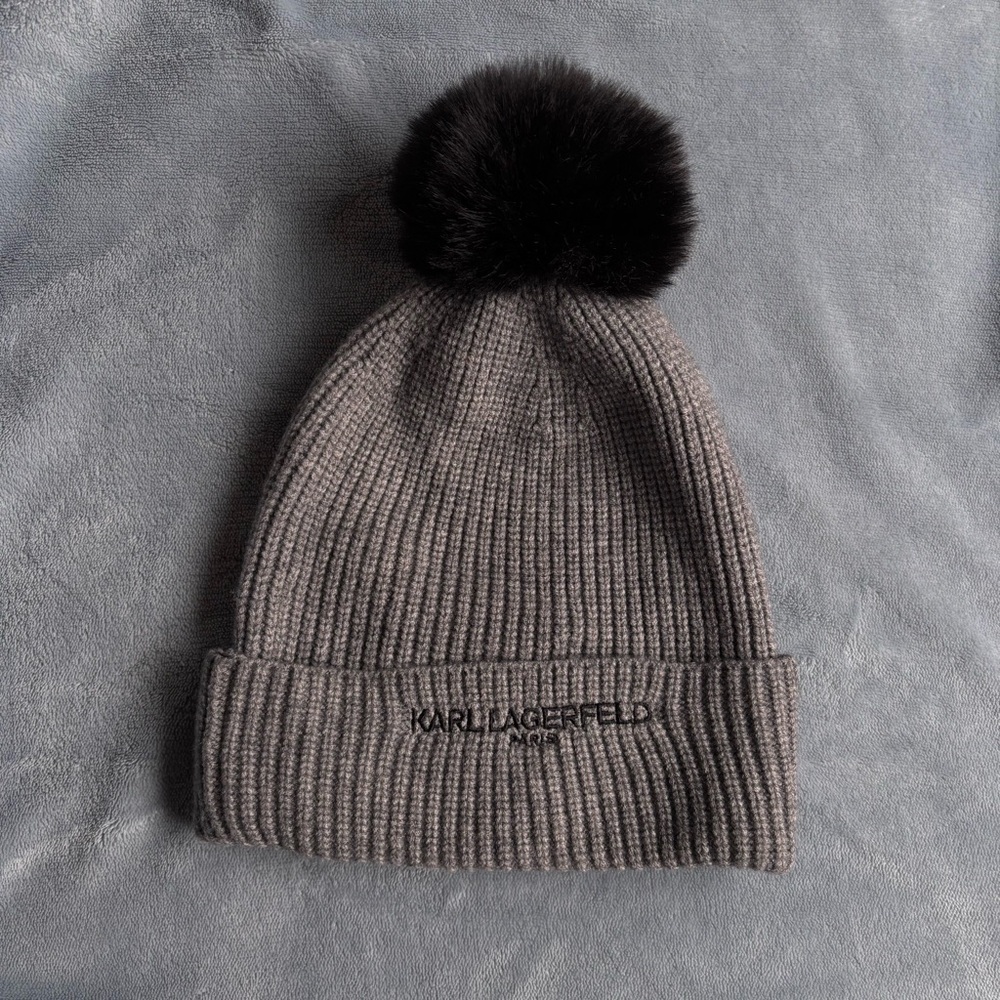 Karl Lagerfeld Gray Ribbed Beanie with Black Pom